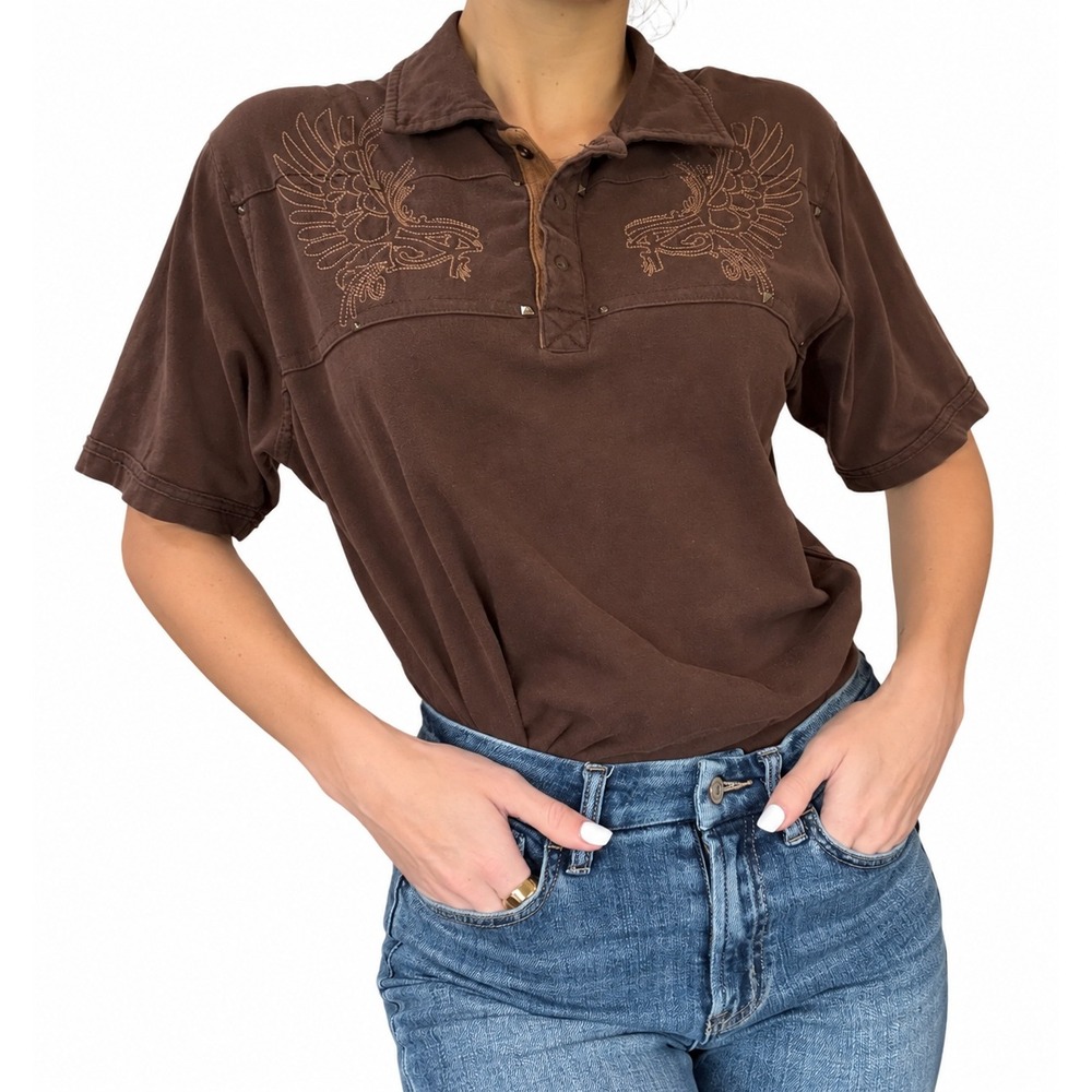 Y2K Brown Embroidered Wing Polo Shirt Studded Short Sleeve